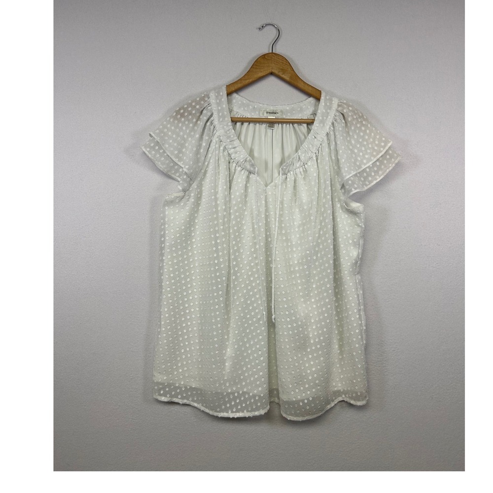 Cottagecore Dressbarn Women 14/16 White Swiss Dot Flutter Sleeve Tie Neck Blouse